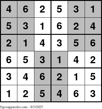 The grouppuzzles.com Answer grid for the SuperSudoku-Junior puzzle for Sunday August 3, 2025