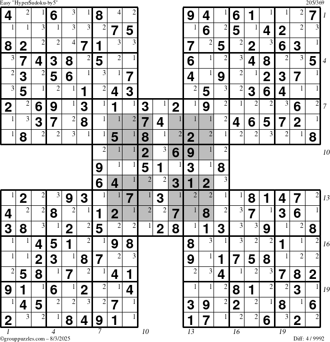The grouppuzzles.com Easy HyperSudoku-by5 puzzle for Sunday August 3, 2025, suitable for printing, with all 4 steps marked