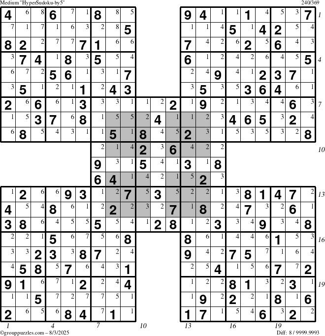 The grouppuzzles.com Medium HyperSudoku-by5 puzzle for Sunday August 3, 2025, suitable for printing, with all 8 steps marked