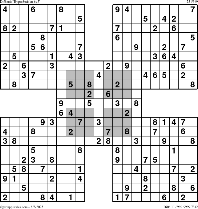 The grouppuzzles.com Difficult HyperSudoku-by5 puzzle for Sunday August 3, 2025