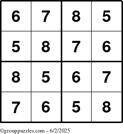 The grouppuzzles.com Answer grid for the Sudoku-4-5678 puzzle for Monday June 2, 2025