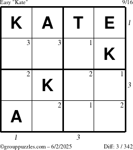 The grouppuzzles.com Easy Kate puzzle for Monday June 2, 2025 with all 3 steps marked