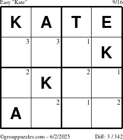 The grouppuzzles.com Easy Kate puzzle for Monday June 2, 2025 with the first 3 steps marked