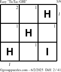The grouppuzzles.com Easy TicTac-GHI puzzle for Monday June 2, 2025 with all 2 steps marked