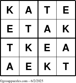 The grouppuzzles.com Answer grid for the Kate puzzle for Monday June 2, 2025