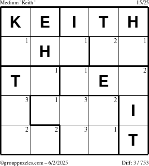 The grouppuzzles.com Medium Keith puzzle for Monday June 2, 2025 with the first 3 steps marked