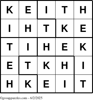 The grouppuzzles.com Answer grid for the Keith puzzle for Monday June 2, 2025