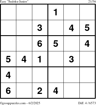 The grouppuzzles.com Easy Sudoku-Junior puzzle for Monday June 2, 2025