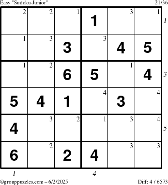The grouppuzzles.com Easy Sudoku-Junior puzzle for Monday June 2, 2025 with all 4 steps marked