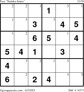 The grouppuzzles.com Easy Sudoku-Junior puzzle for Monday June 2, 2025 with the first 3 steps marked