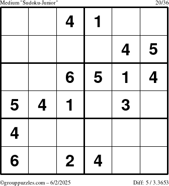 The grouppuzzles.com Medium Sudoku-Junior puzzle for Monday June 2, 2025