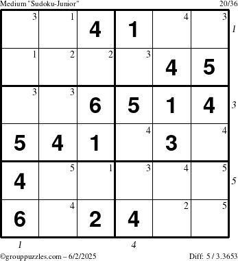 The grouppuzzles.com Medium Sudoku-Junior puzzle for Monday June 2, 2025 with all 5 steps marked