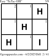 The grouppuzzles.com Easy TicTac-GHI puzzle for Monday June 2, 2025 with the first 2 steps marked
