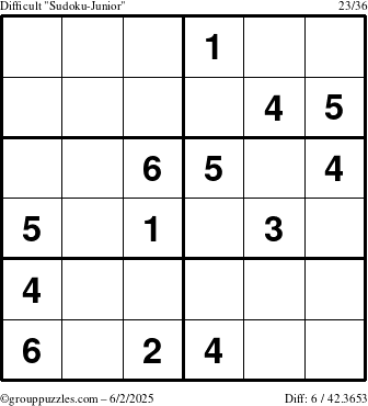 The grouppuzzles.com Difficult Sudoku-Junior puzzle for Monday June 2, 2025