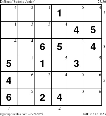 The grouppuzzles.com Difficult Sudoku-Junior puzzle for Monday June 2, 2025 with all 6 steps marked