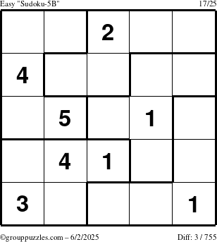 The grouppuzzles.com Easy Sudoku-5B puzzle for Monday June 2, 2025