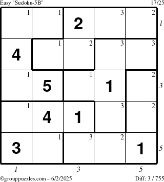 The grouppuzzles.com Easy Sudoku-5B puzzle for Monday June 2, 2025 with all 3 steps marked