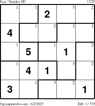 The grouppuzzles.com Easy Sudoku-5B puzzle for Monday June 2, 2025 with the first 3 steps marked
