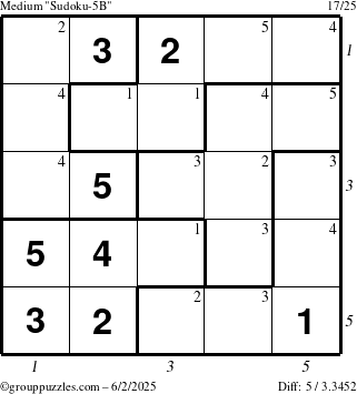 The grouppuzzles.com Medium Sudoku-5B puzzle for Monday June 2, 2025 with all 5 steps marked