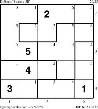 The grouppuzzles.com Difficult Sudoku-5B puzzle for Monday June 2, 2025 with all 6 steps marked