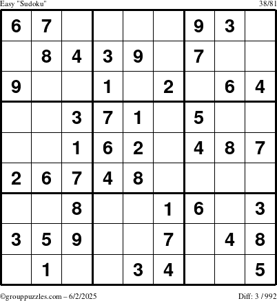 The grouppuzzles.com Easy Sudoku puzzle for Monday June 2, 2025