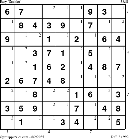 The grouppuzzles.com Easy Sudoku puzzle for Monday June 2, 2025 with all 3 steps marked