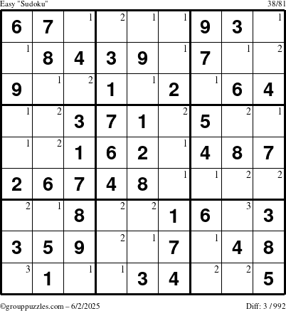 The grouppuzzles.com Easy Sudoku puzzle for Monday June 2, 2025 with the first 3 steps marked