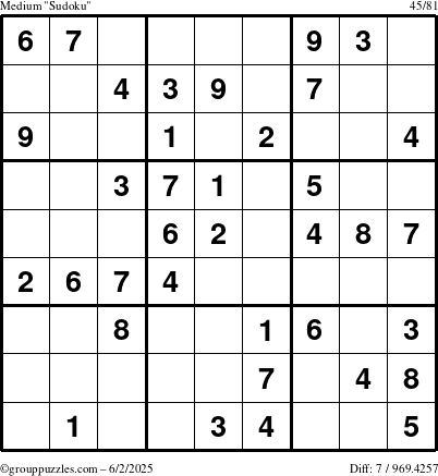 The grouppuzzles.com Medium Sudoku puzzle for Monday June 2, 2025