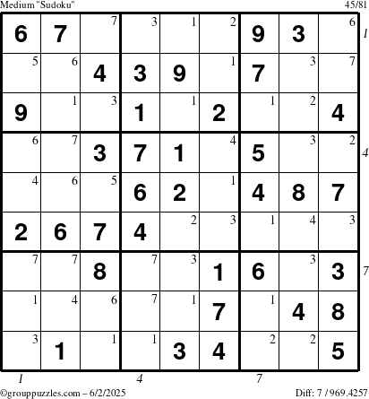 The grouppuzzles.com Medium Sudoku puzzle for Monday June 2, 2025 with all 7 steps marked