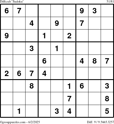 The grouppuzzles.com Difficult Sudoku puzzle for Monday June 2, 2025