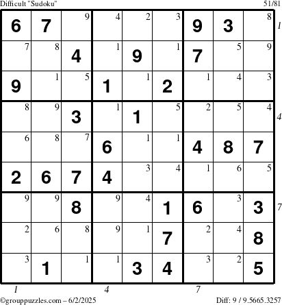 The grouppuzzles.com Difficult Sudoku puzzle for Monday June 2, 2025 with all 9 steps marked