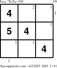 The grouppuzzles.com Easy TicTac-456 puzzle for Monday June 2, 2025 with all 2 steps marked