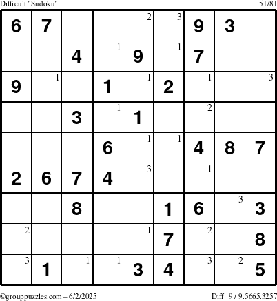 The grouppuzzles.com Difficult Sudoku puzzle for Monday June 2, 2025 with the first 3 steps marked