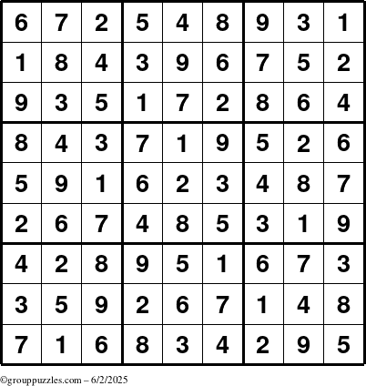The grouppuzzles.com Answer grid for the Sudoku puzzle for Monday June 2, 2025