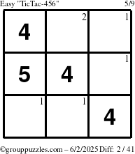 The grouppuzzles.com Easy TicTac-456 puzzle for Monday June 2, 2025 with the first 2 steps marked