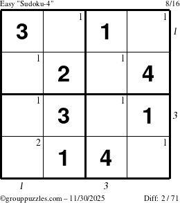 The grouppuzzles.com Easy Sudoku-4 puzzle for Sunday November 30, 2025, suitable for printing, with all 2 steps marked