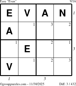 The grouppuzzles.com Easy Evan puzzle for Sunday November 30, 2025 with all 3 steps marked