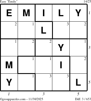 The grouppuzzles.com Easy Emily puzzle for Sunday November 30, 2025, suitable for printing, with all 3 steps marked