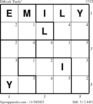 The grouppuzzles.com Difficult Emily puzzle for Sunday November 30, 2025 with all 5 steps marked