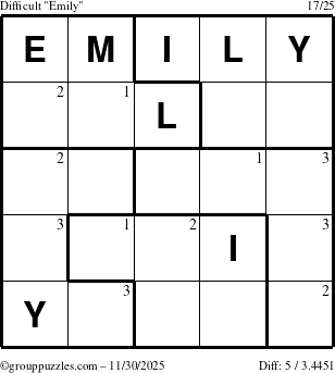 The grouppuzzles.com Difficult Emily puzzle for Sunday November 30, 2025 with the first 3 steps marked