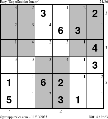 The grouppuzzles.com Easy SuperSudoku-Junior puzzle for Sunday November 30, 2025, suitable for printing, with all 4 steps marked