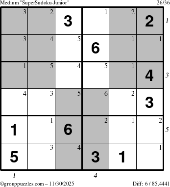 The grouppuzzles.com Medium SuperSudoku-Junior puzzle for Sunday November 30, 2025, suitable for printing, with all 6 steps marked