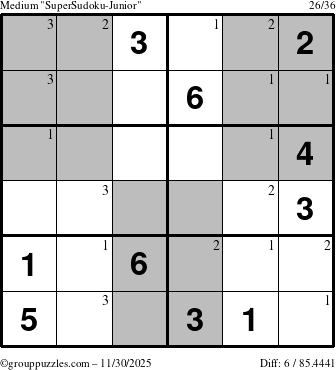 The grouppuzzles.com Medium SuperSudoku-Junior puzzle for Sunday November 30, 2025 with the first 3 steps marked