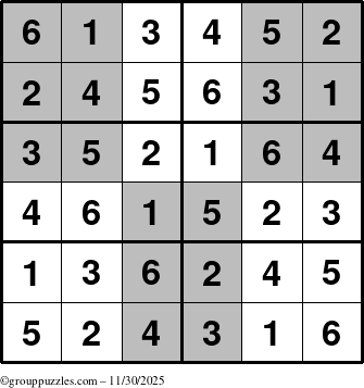 The grouppuzzles.com Answer grid for the SuperSudoku-Junior puzzle for Sunday November 30, 2025