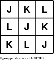 The grouppuzzles.com Answer grid for the TicTac-JKL puzzle for Sunday November 30, 2025
