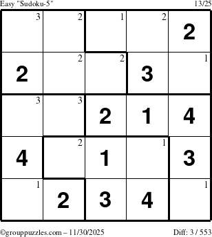 The grouppuzzles.com Easy Sudoku-5 puzzle for Sunday November 30, 2025 with the first 3 steps marked