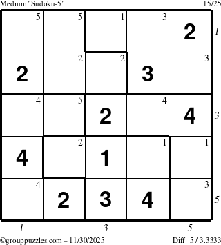 The grouppuzzles.com Medium Sudoku-5 puzzle for Sunday November 30, 2025, suitable for printing, with all 5 steps marked