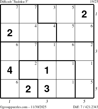 The grouppuzzles.com Difficult Sudoku-5 puzzle for Sunday November 30, 2025 with all 7 steps marked