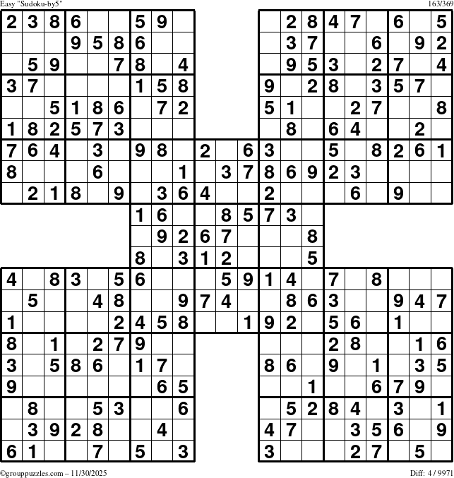 The grouppuzzles.com Easy Sudoku-by5 puzzle for Sunday November 30, 2025