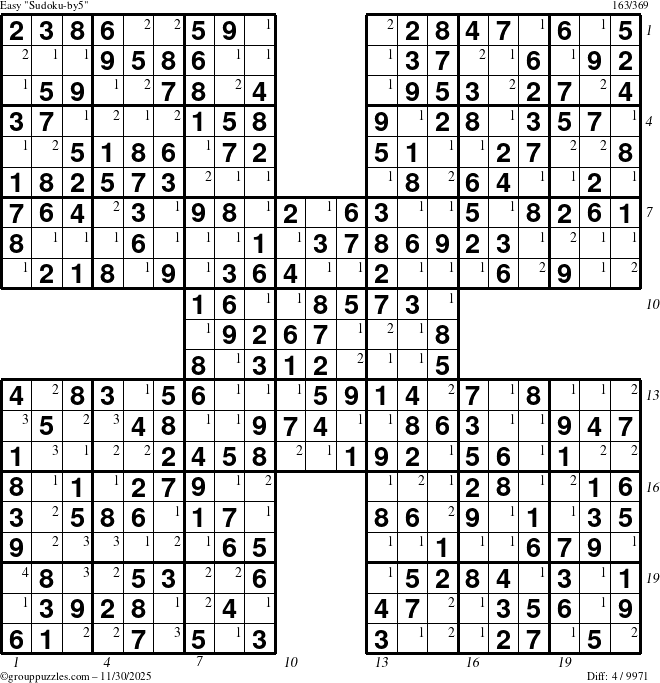 The grouppuzzles.com Easy Sudoku-by5 puzzle for Sunday November 30, 2025, suitable for printing, with all 4 steps marked
